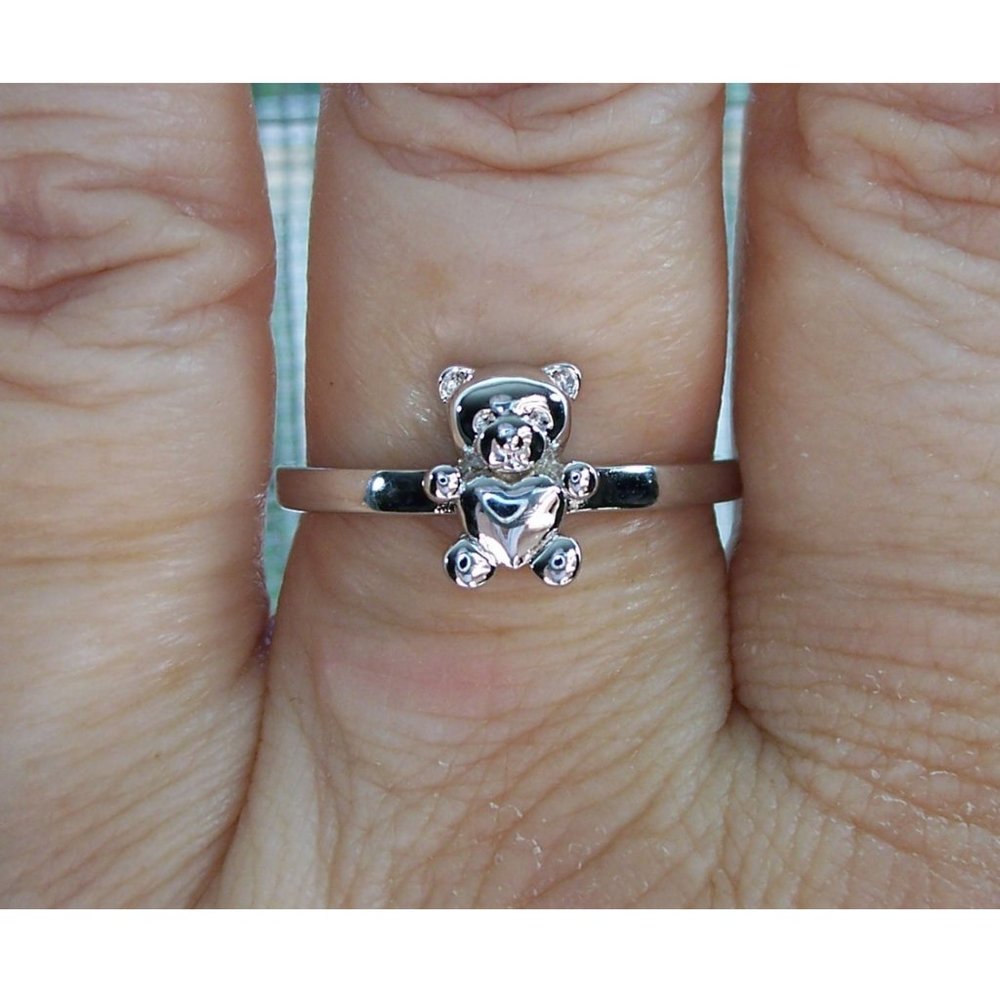 Adorable Dainty Teddy Bear Ring With Heart Belly 925 Sterling Silver - Picture 4 of 15